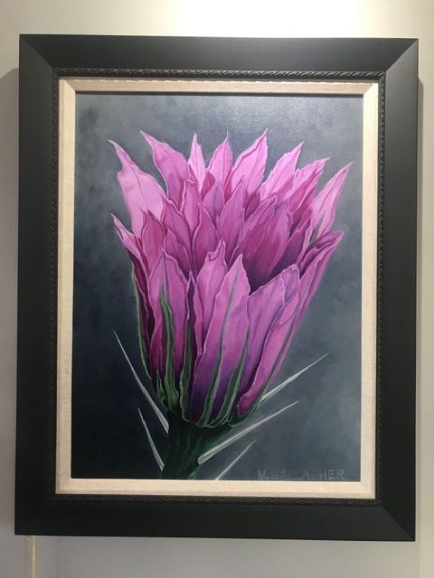 Framed painting of a pink-purple flower bouquet on a dark background