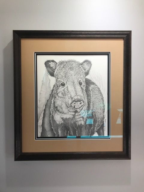 Framed charcoal sketch of a bear hanging on a wall.