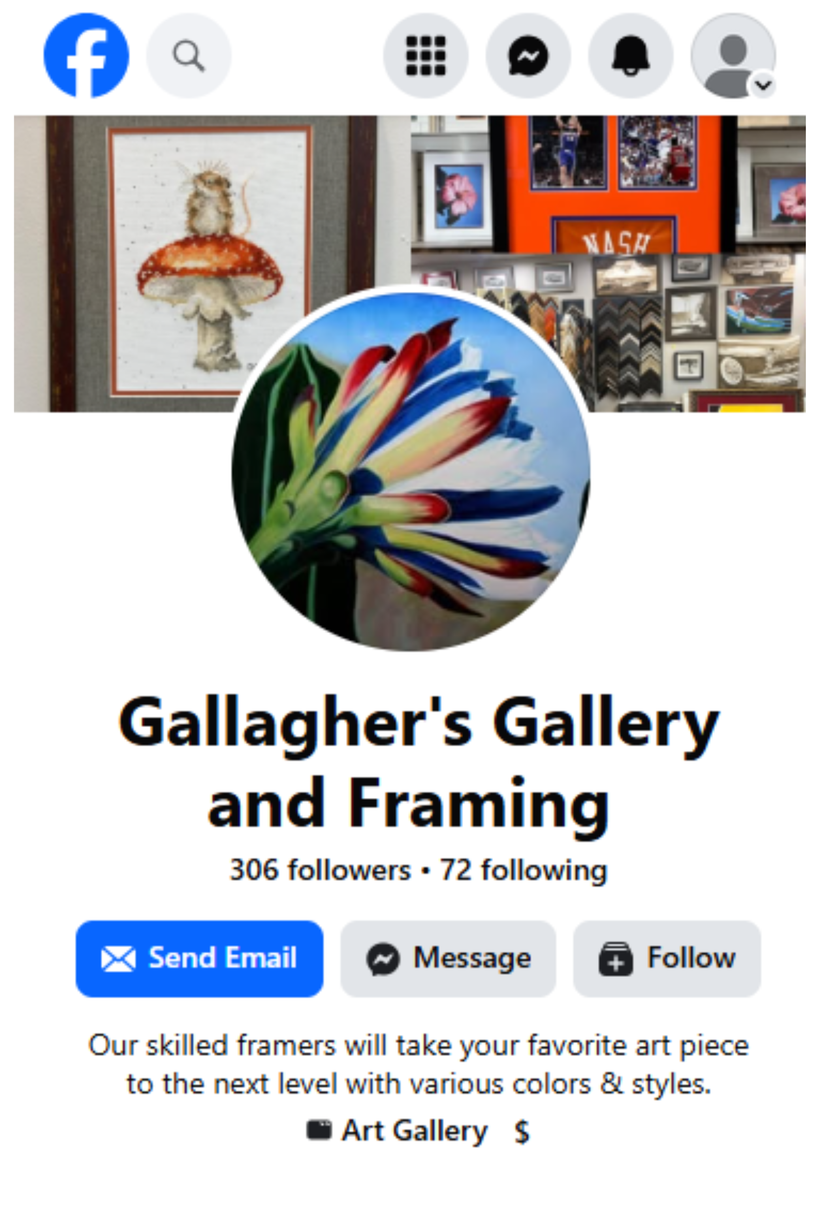 Facebook profile for Gallagher's Gallery and Framing with floral logo and gallery art collage