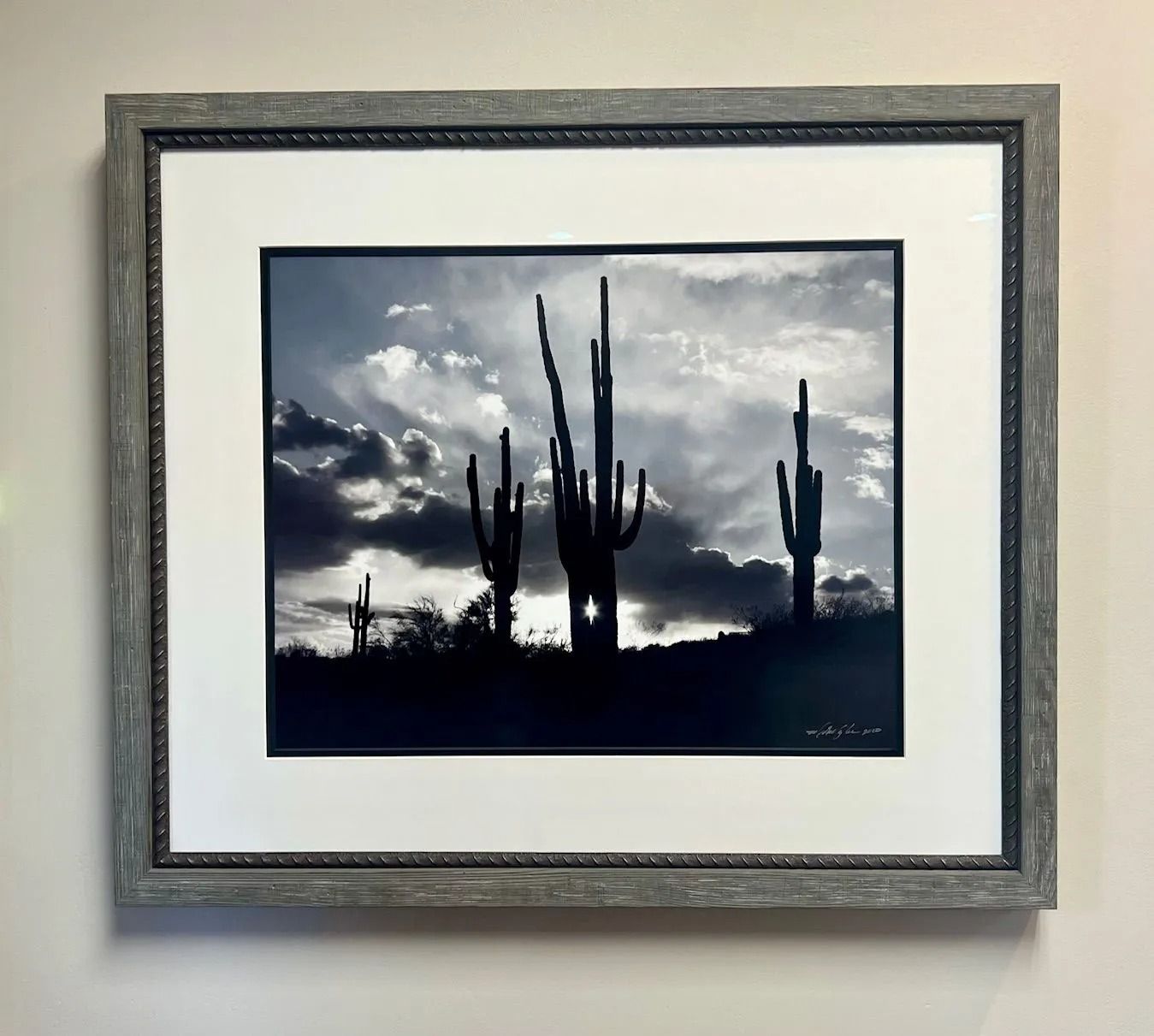 Framed black-and-white cactus landscape print with cloudy sky