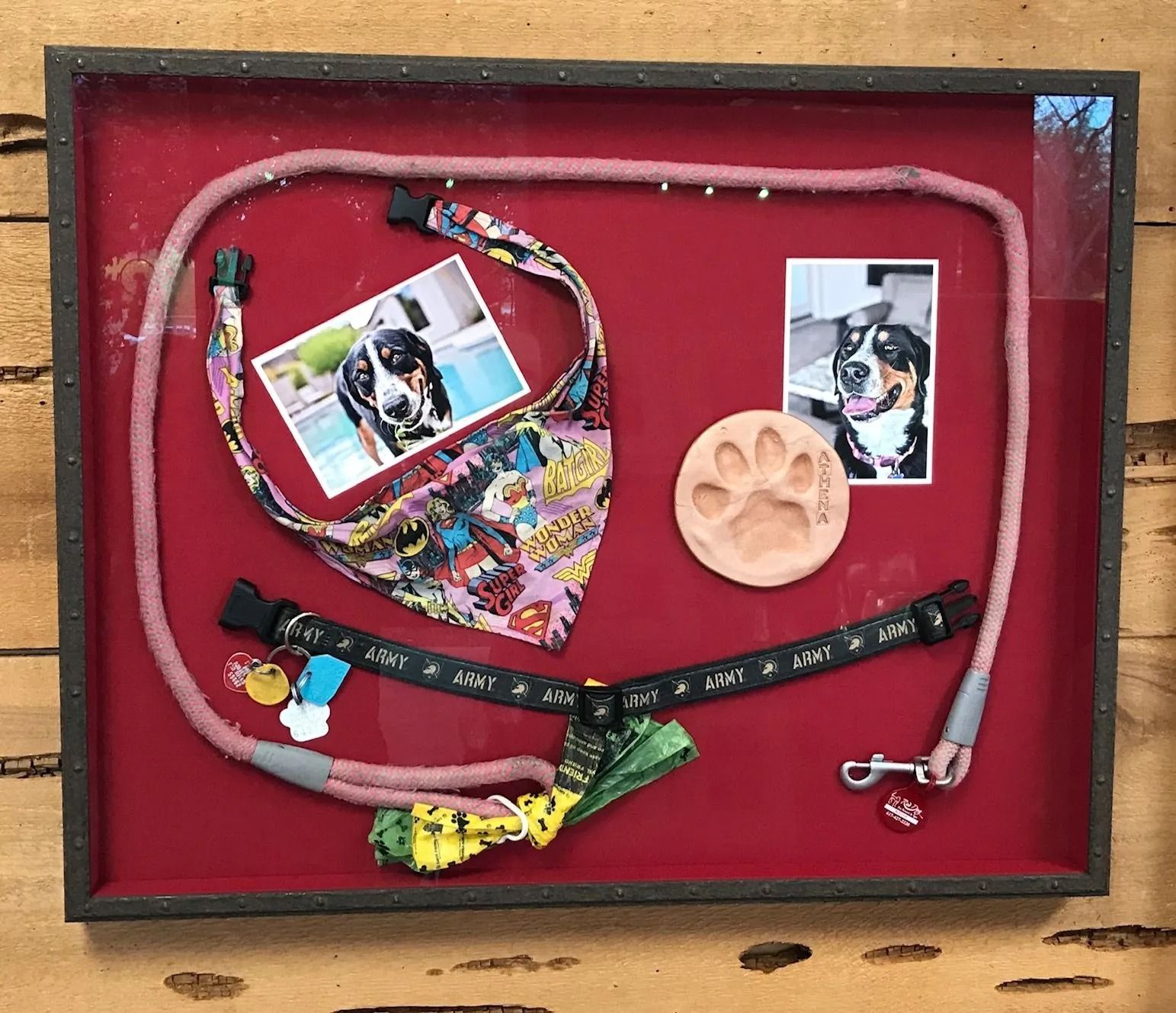 Framed red display of a dog collar, photos, paw print, and treats arranged in a heart shape