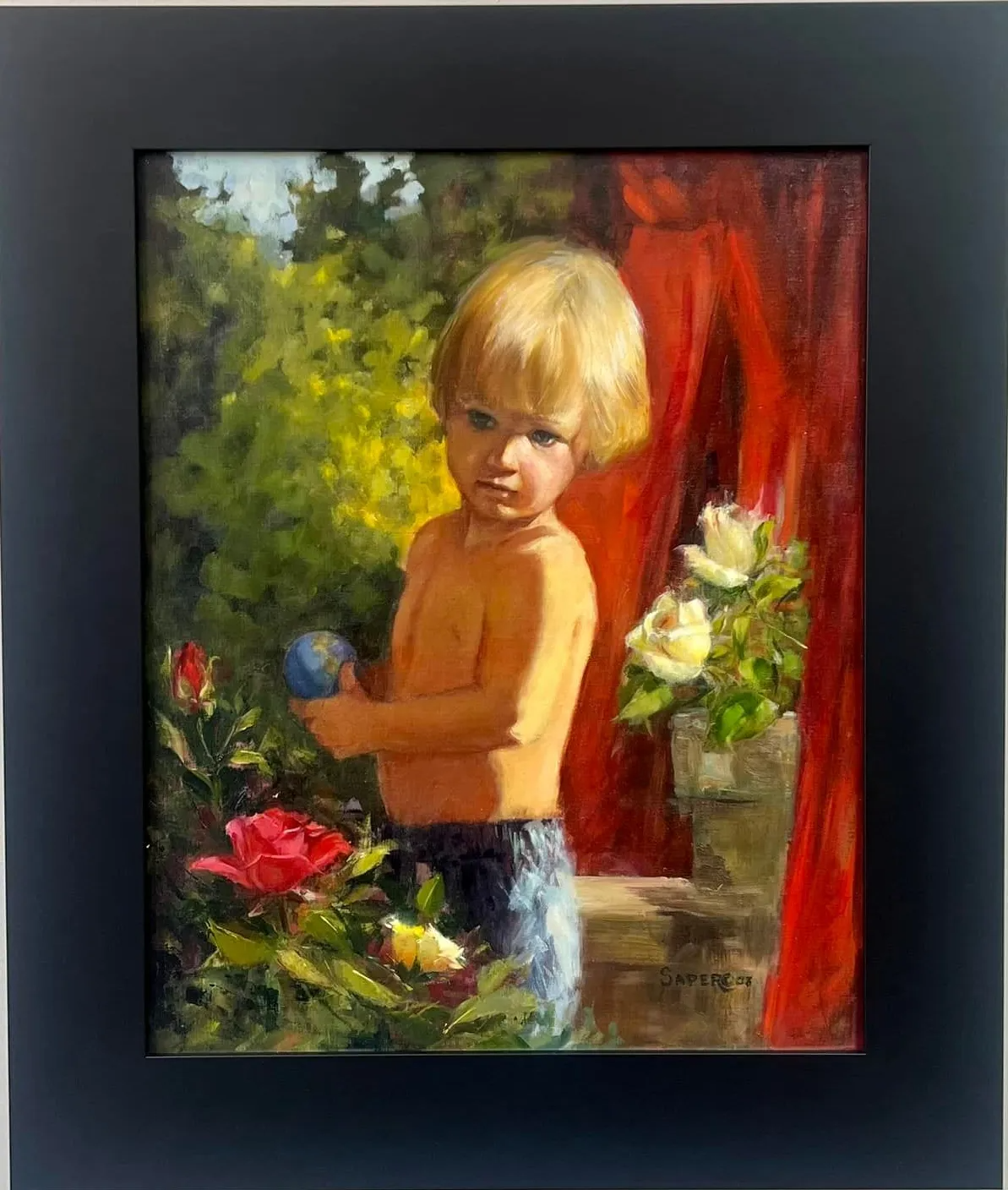 Blond child holding a blue ball beside flowers and red curtains in a painted scene