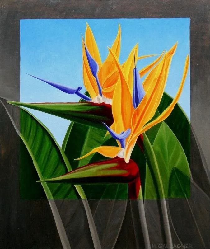 Bright bird-of-paradise flower painting with orange petals, green leaves, and a blue sky background