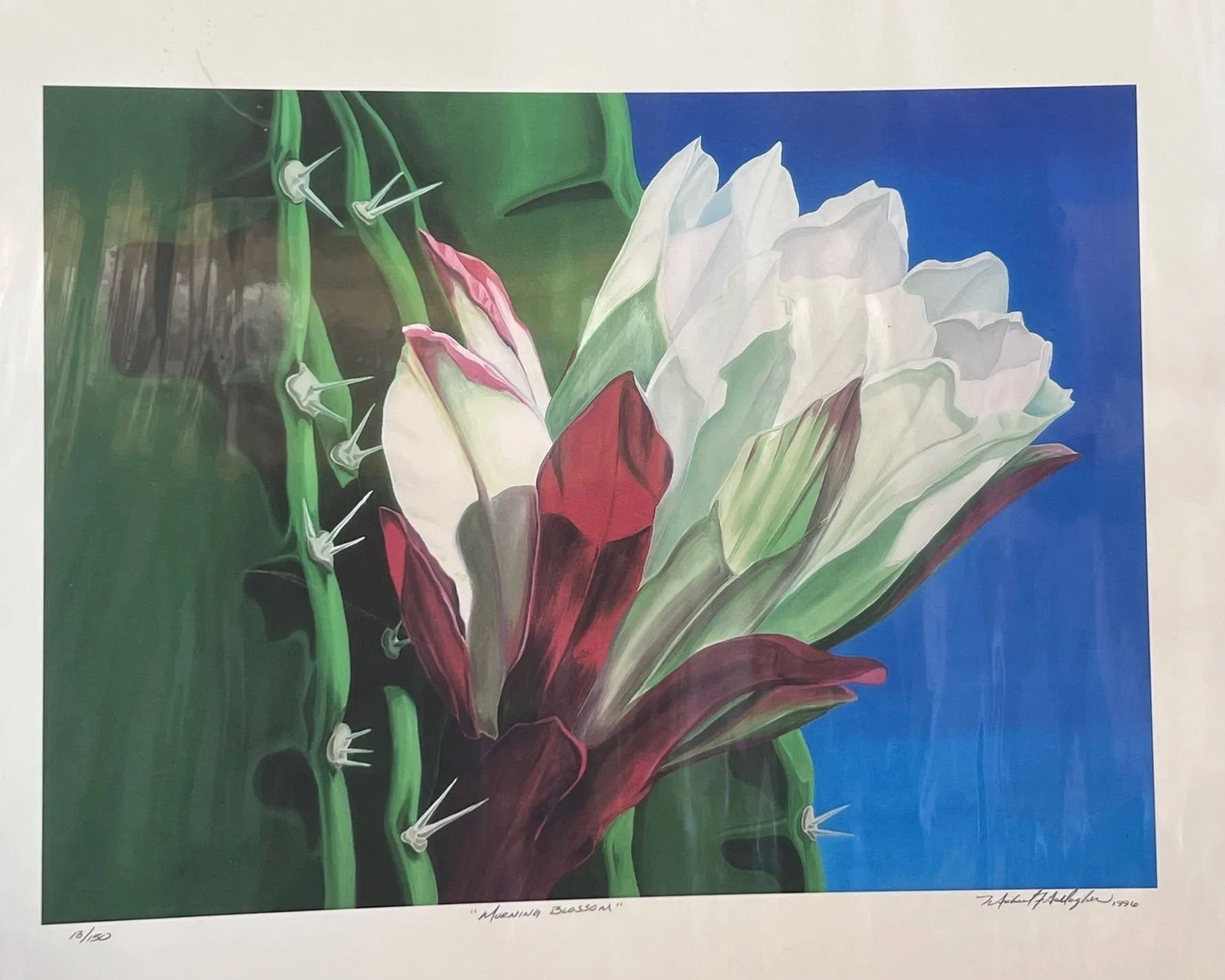 White flower cluster with pink-red buds beside green stems against a blue and green background