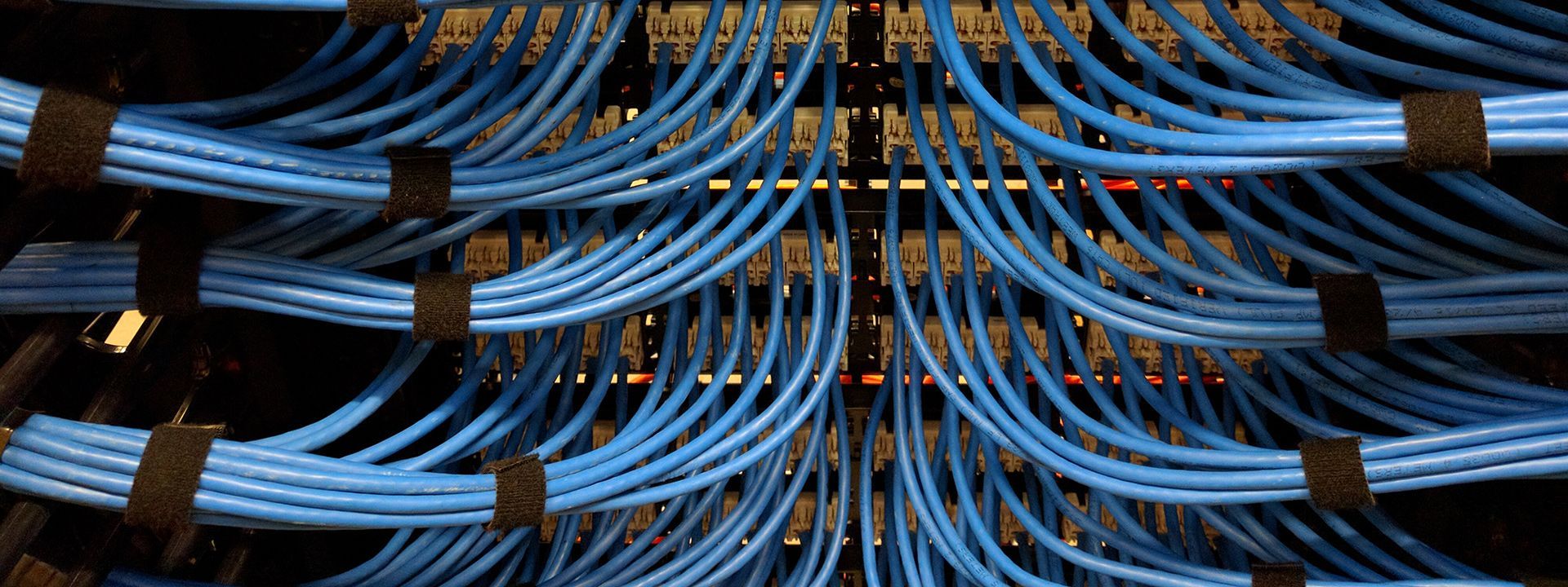 A bunch of blue wires are connected to a server.