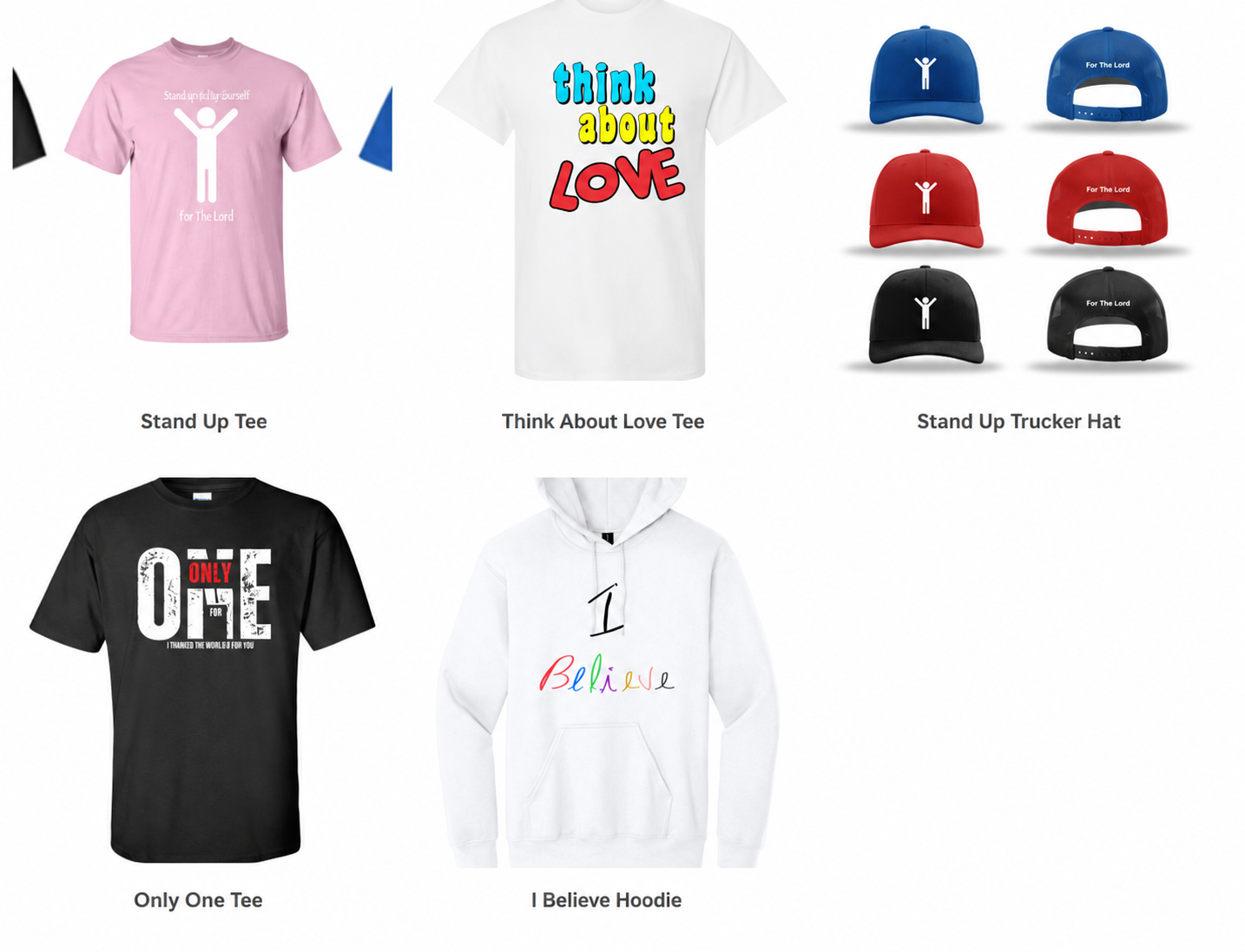 Assorted custom apparel: T-shirts, hoodie, and caps with colorful text designs