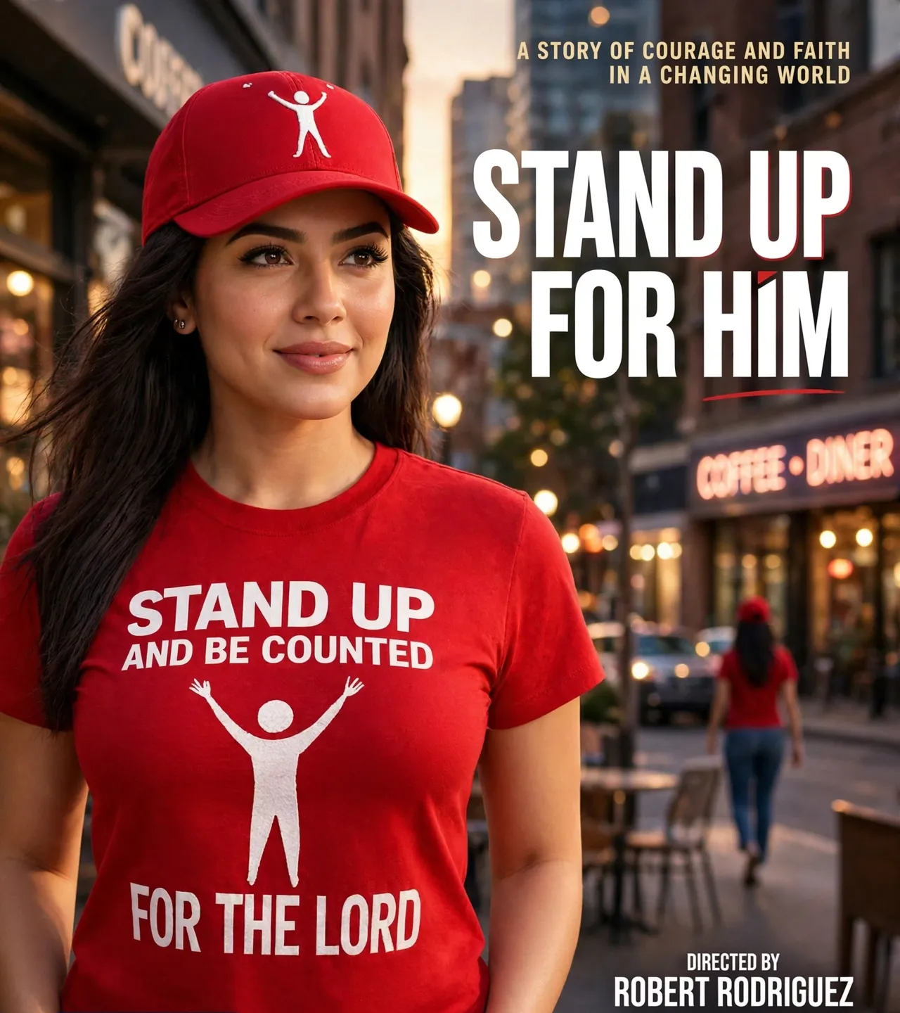 Woman in red cap and shirt holding pro-faith sign on a city street; text reads “Stand up for him.”