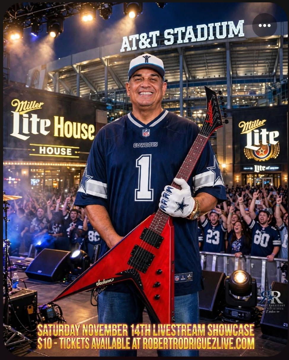 Man in Cowboys jersey holding red guitar before AT&T Stadium for Miller Lite House event poster