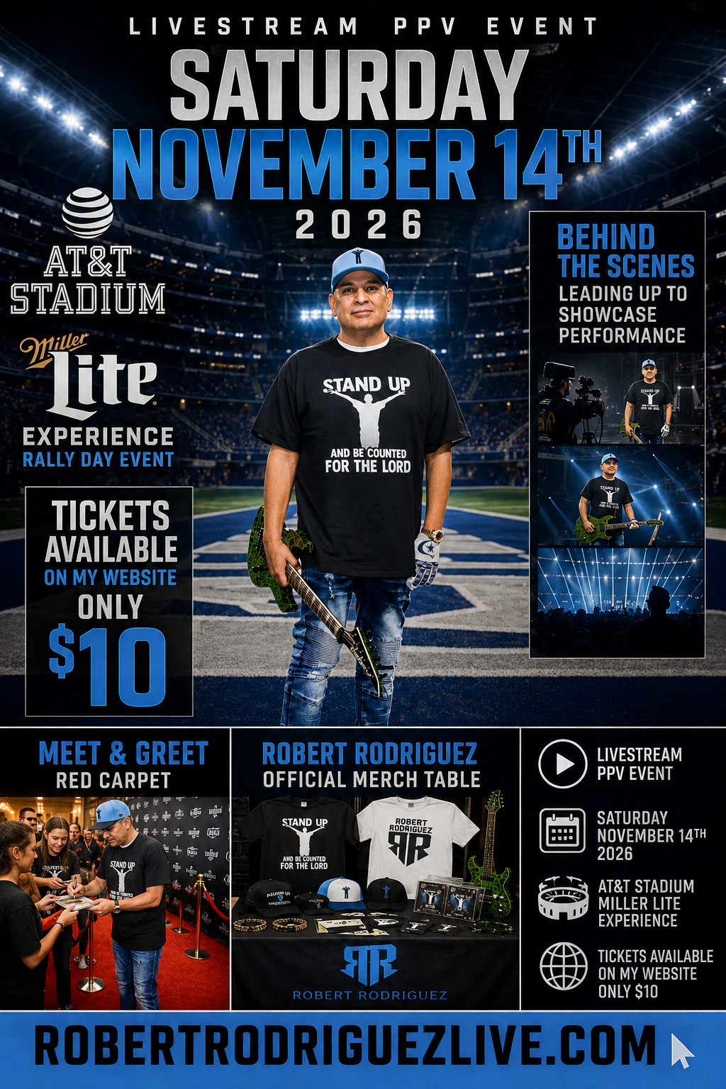 Man in Cowboys jersey holding red guitar before AT&T Stadium for Miller Lite House event poster