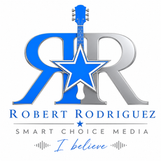 Robert Rodriguez Smart Choice Media logo with blue and gray guitar-star emblem and “I believe” tagline