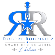Robert Rodriguez logo with blue and silver R letters, star guitar, and “Smart Choice Media” text