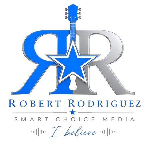 Robert Rodriguez logo with blue and silver R letters, star guitar, and “Smart Choice Media” text
