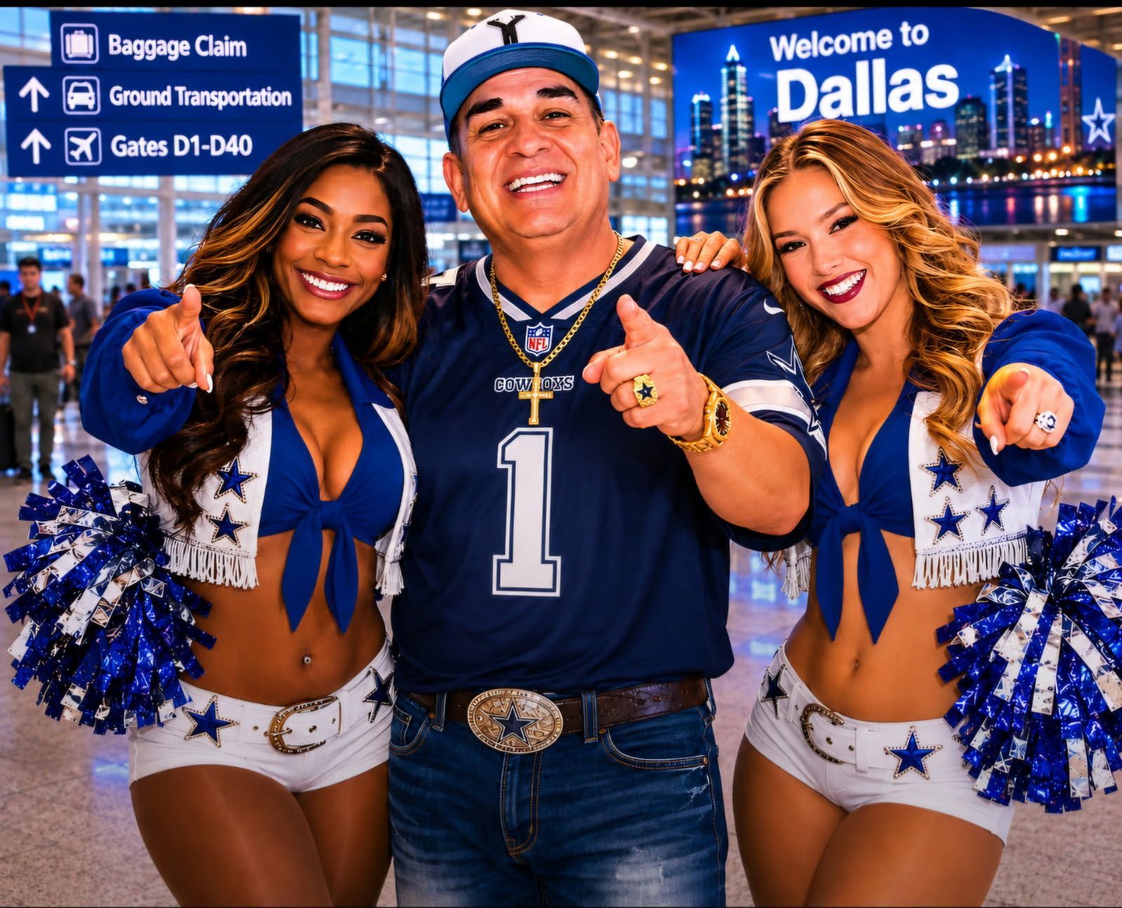 Three smiling Cowboys fans posing in front of a “Welcome to Dallas” sign and skyline backdrop