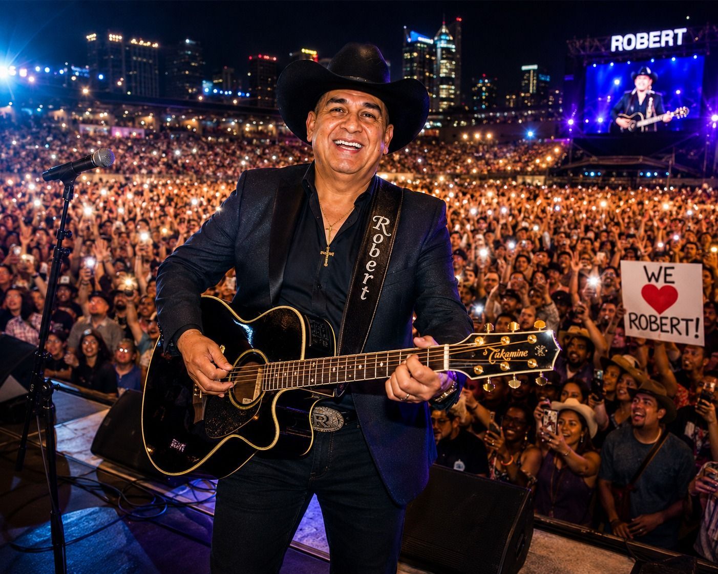 Singer with guitar on stage before a huge nighttime crowd holding “WE ♥ ROBERT” signs