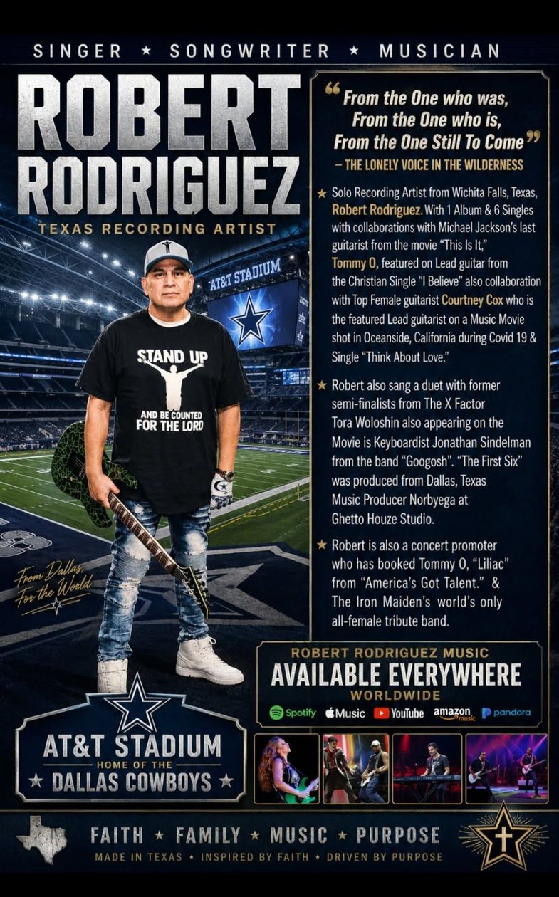 Robert Rodriguez poster at AT&T Stadium, with event details and Dallas Cowboys branding.