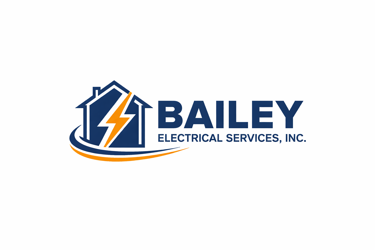Logo for Bailey Electrical Services, Inc., featuring a house outline containing a lightning bolt and curved orange line.