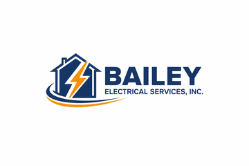 Logo for Bailey Electrical Services, Inc., featuring a house outline containing a lightning bolt and curved orange line.