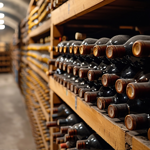 Rows of wine bottles stored on wooden shelves in a dim wine cellar corridor