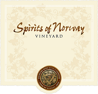 Cream label for Spirits of Norway Vineyard with ornate beige background and circular seal at bottom center