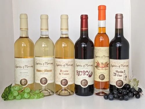 Six assorted wine bottles lined up with green and black grapes on a white background.