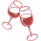 Two wine glasses clinking, filled with red wine, in a simple red line drawing