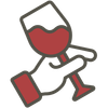 Hand holding a tilted wine glass with red wine sloshing inside