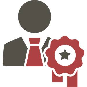 Award badge icon with a person silhouette and red ribbon seal