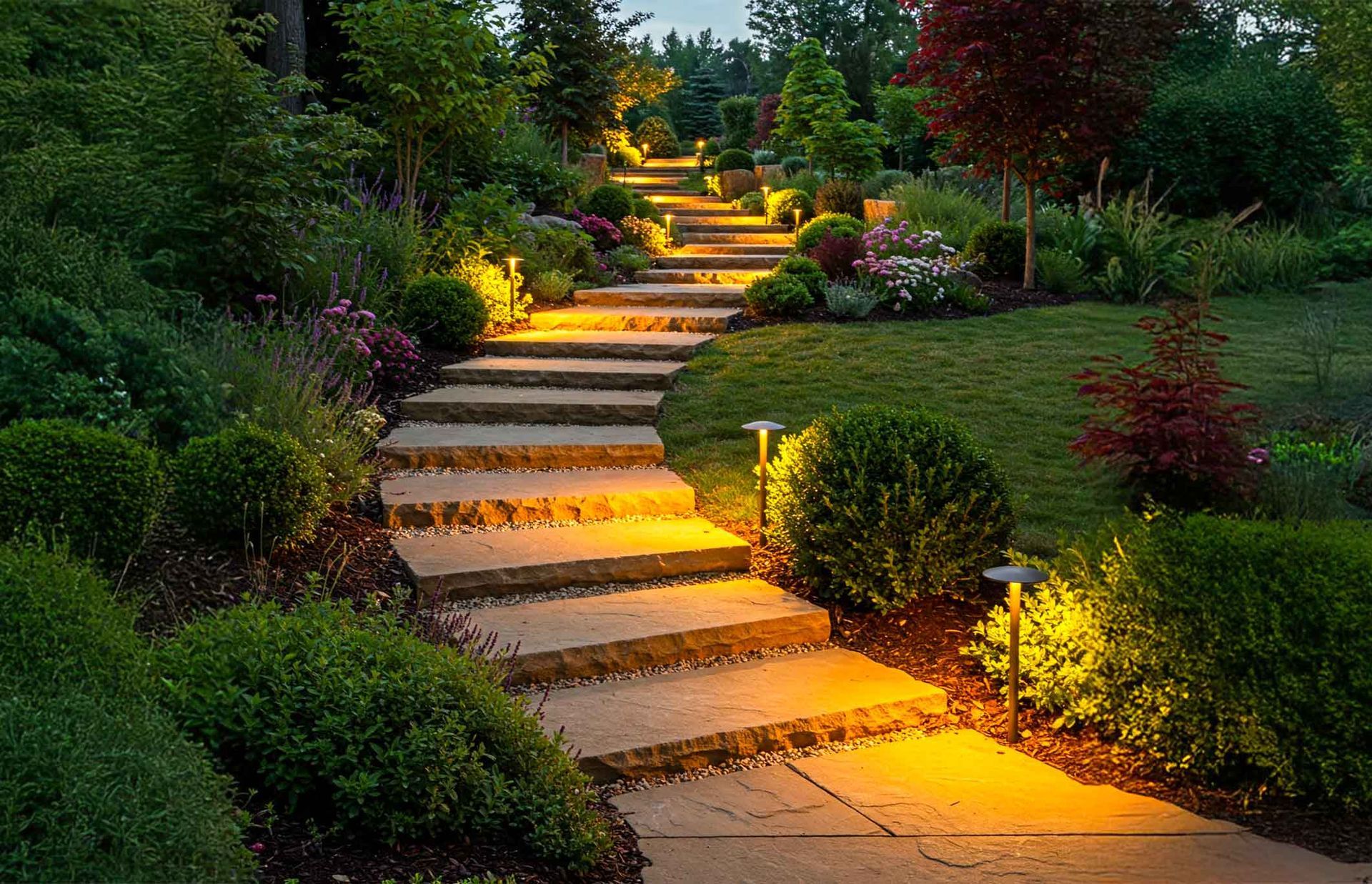 Garden path with illuminated stone steps winding through lush greenery at dusk