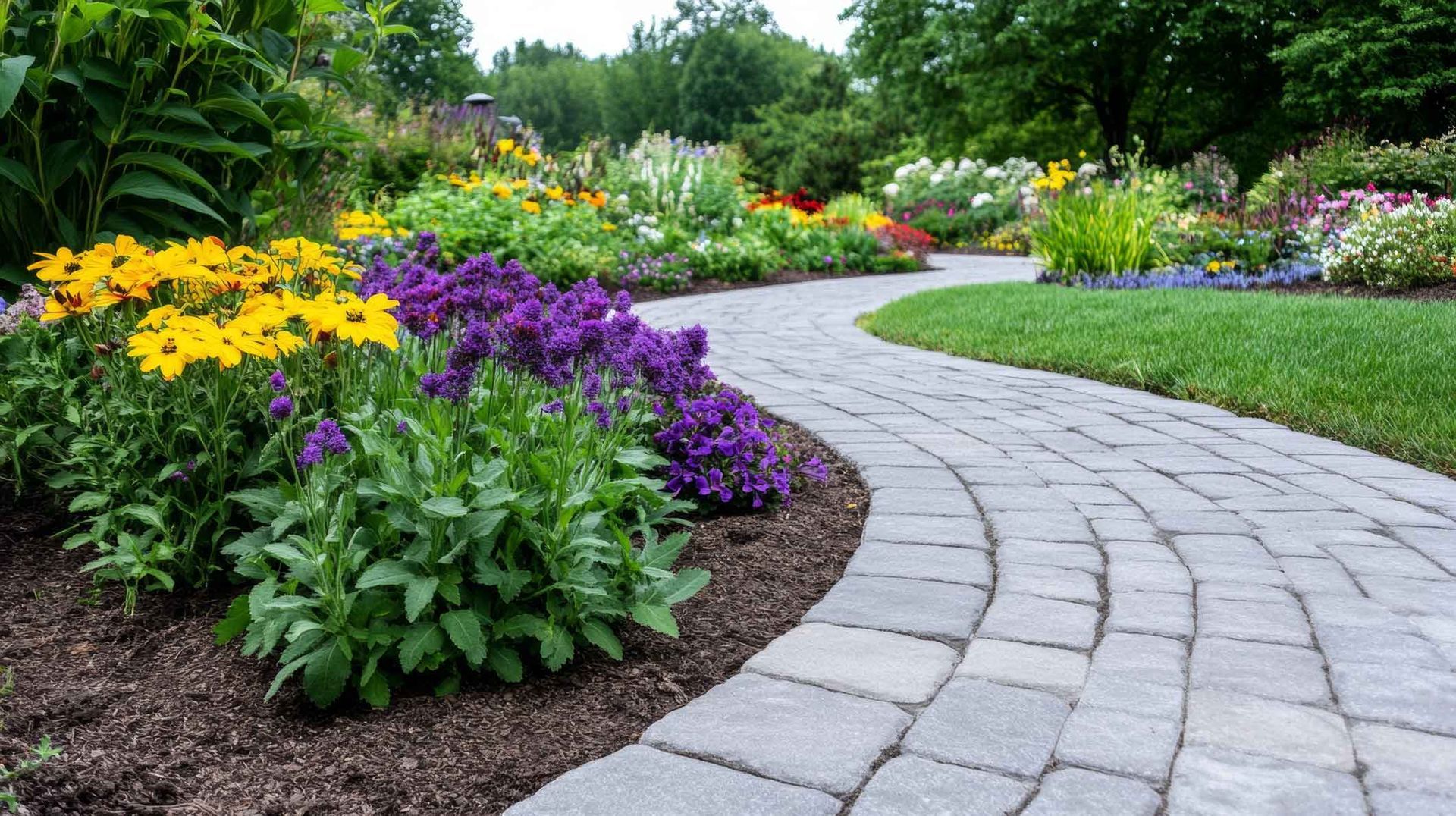 Curved stone garden path beside colorful flower beds and green lawn