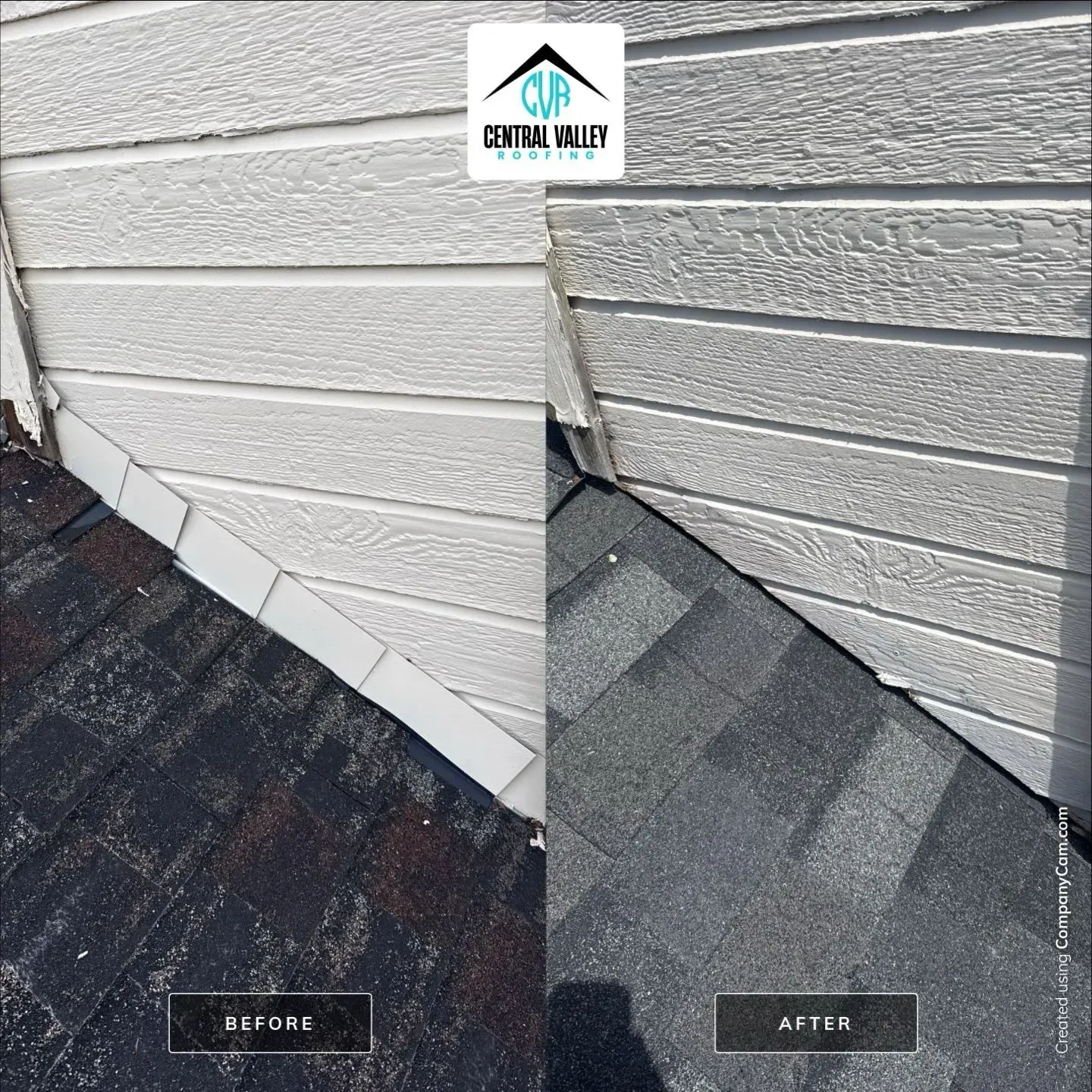 Roof siding repair comparison: damaged white vinyl before and repaired gray shingles after