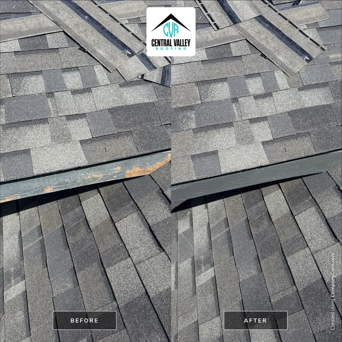Before-and-after roof shingles showing a repaired seam and missing granules.