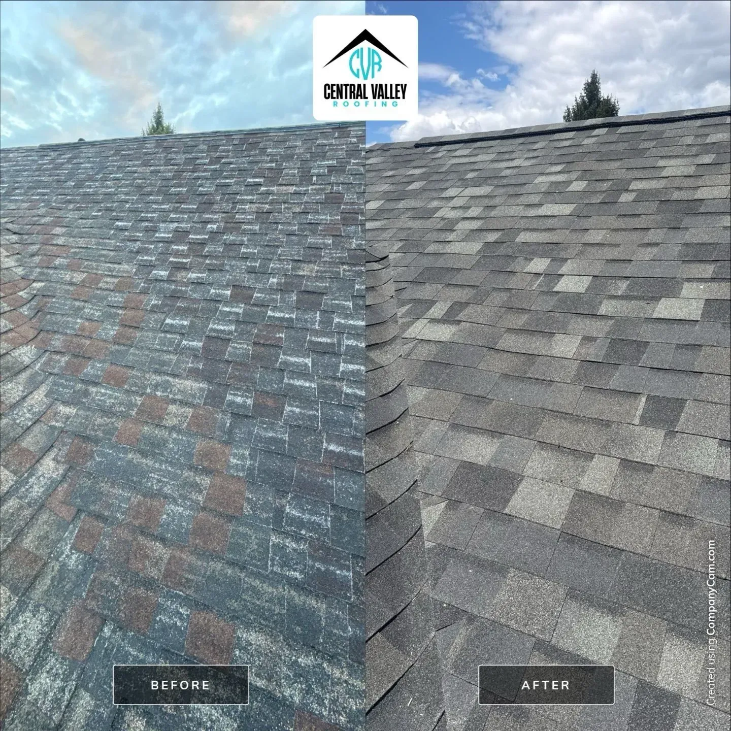 Before-and-after view of a roof: weathered shingles on the left, cleaner gray shingles on the right.
