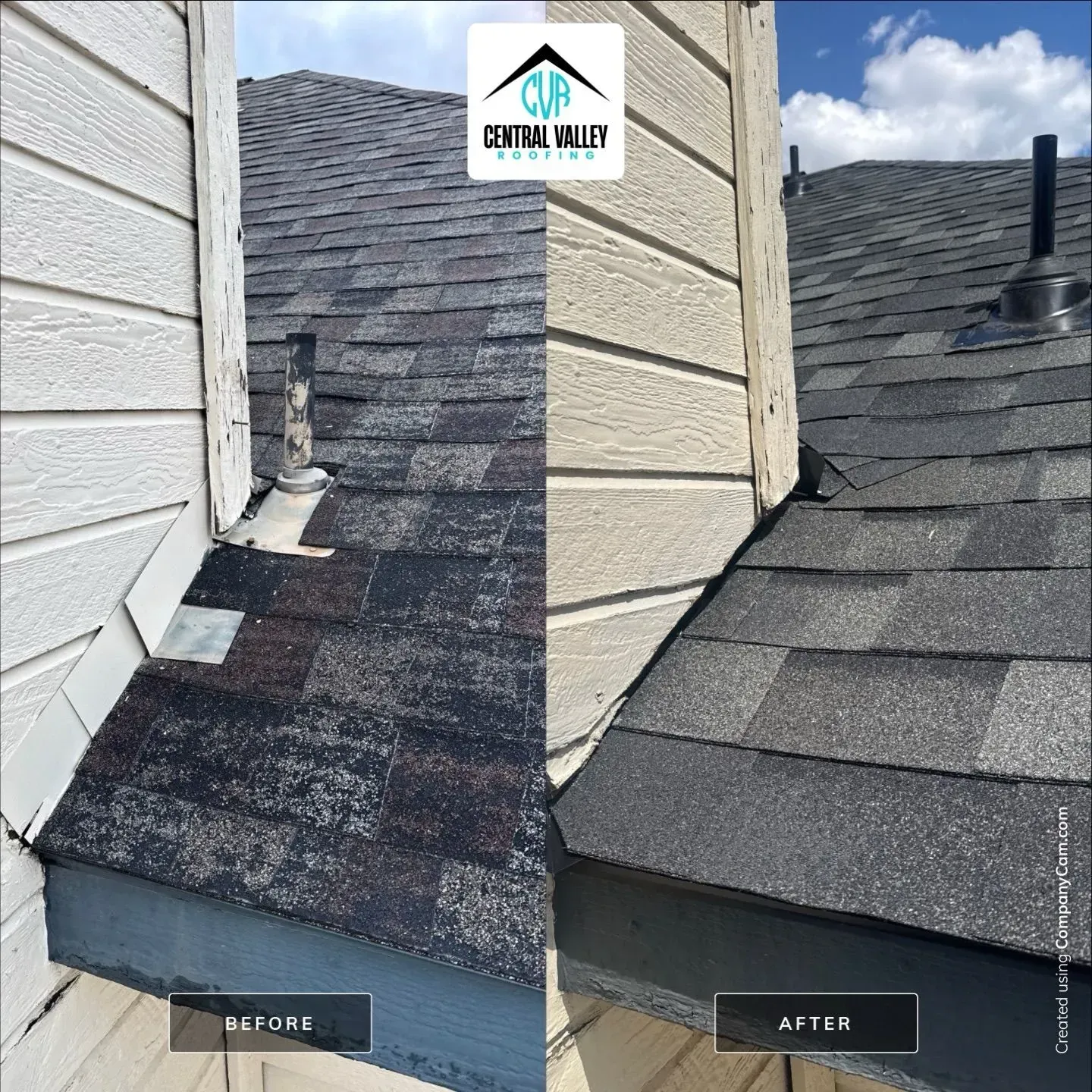 Roof shingle repair before-and-after view on a house near siding and vents