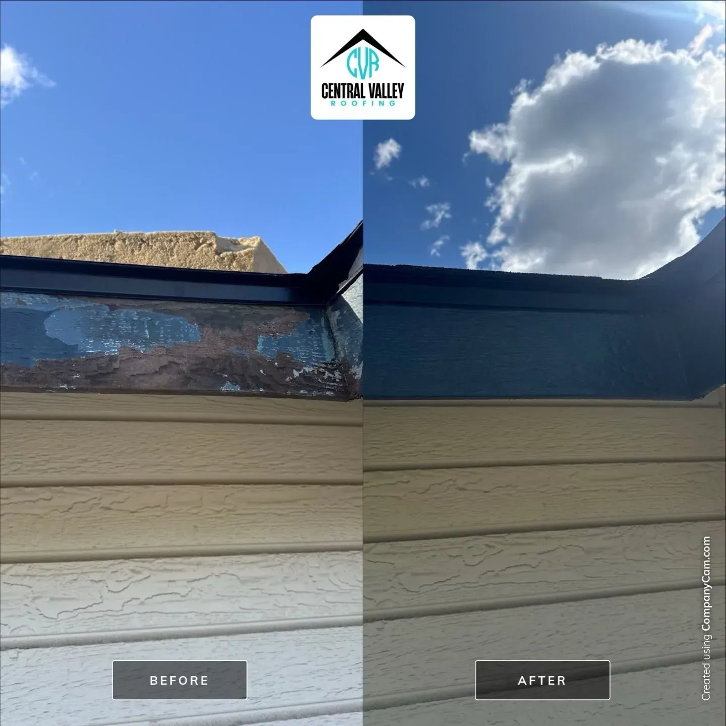 Roof edge before-and-after comparison showing dark trim installed above beige siding under a blue sky.