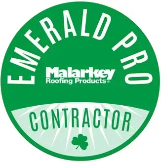 Green circular Emerald Pro Contractor badge with Malarkey Roofing Products logo and shamrock.