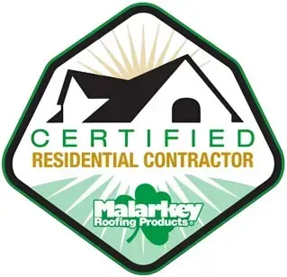 Certified residential contractor logo for Malarkey Roofing Products in green, black, and gold.