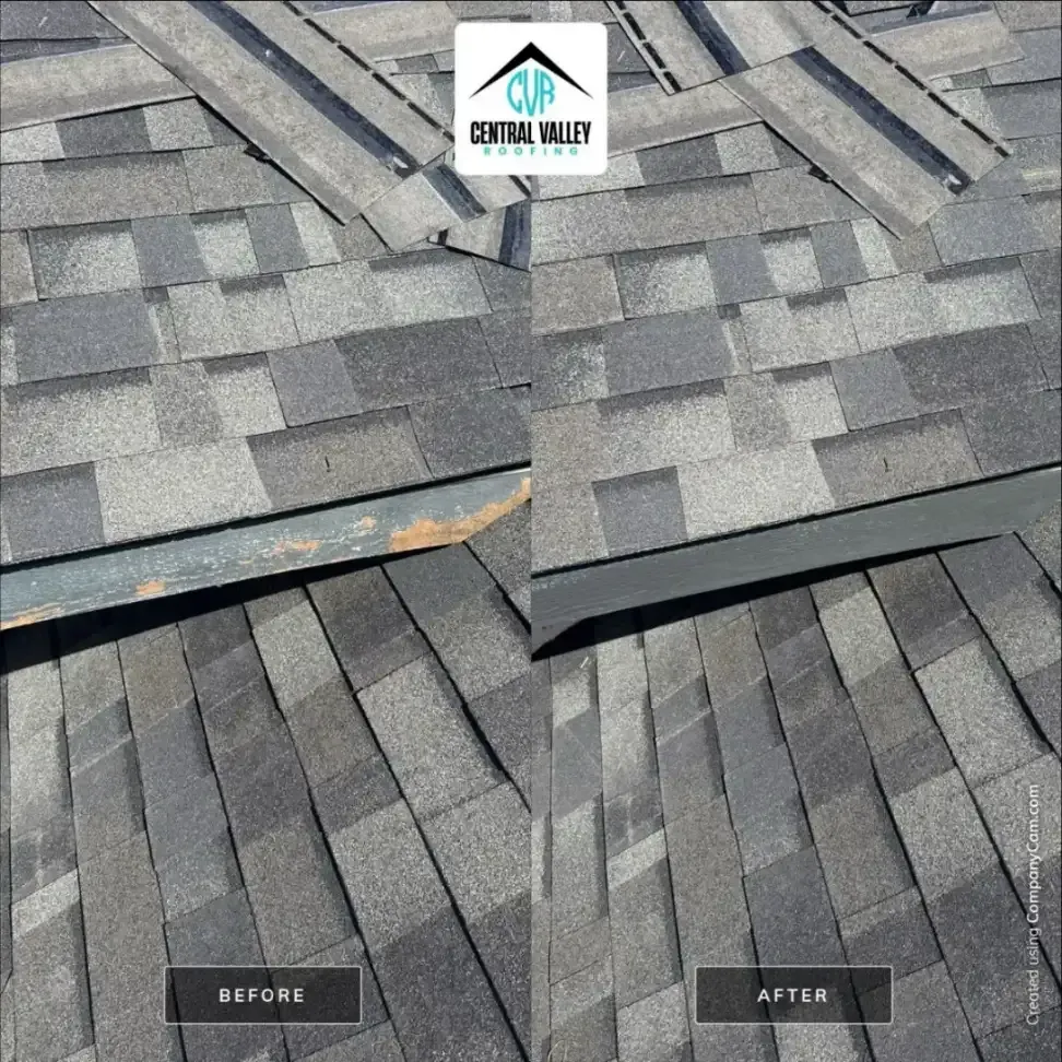 Before-and-after roof shingles showing a repaired seam and missing granules.