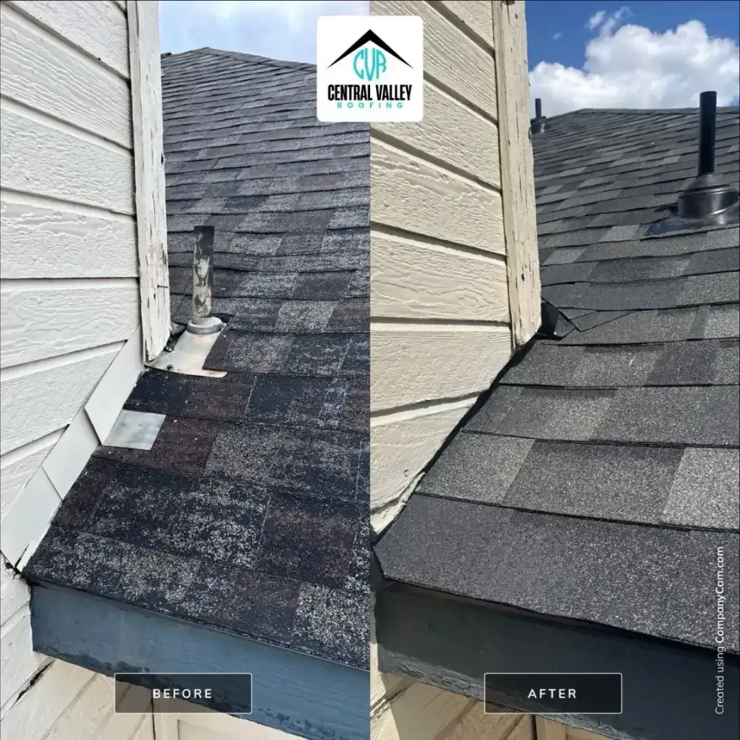 Roof shingle repair before-and-after view on a house near siding and vents