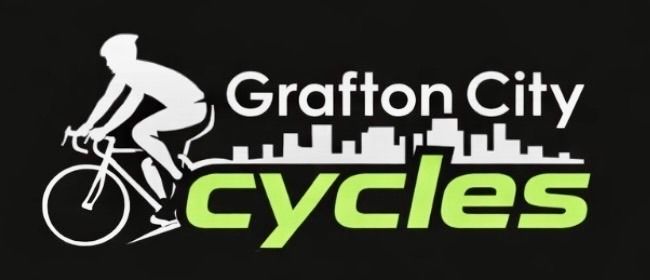 Logo for Grafton City Cycles featuring a cyclist, city skyline, and green "cycles" text on a black background.  &mdash; Grafton City Cycles in Grafton, NSW