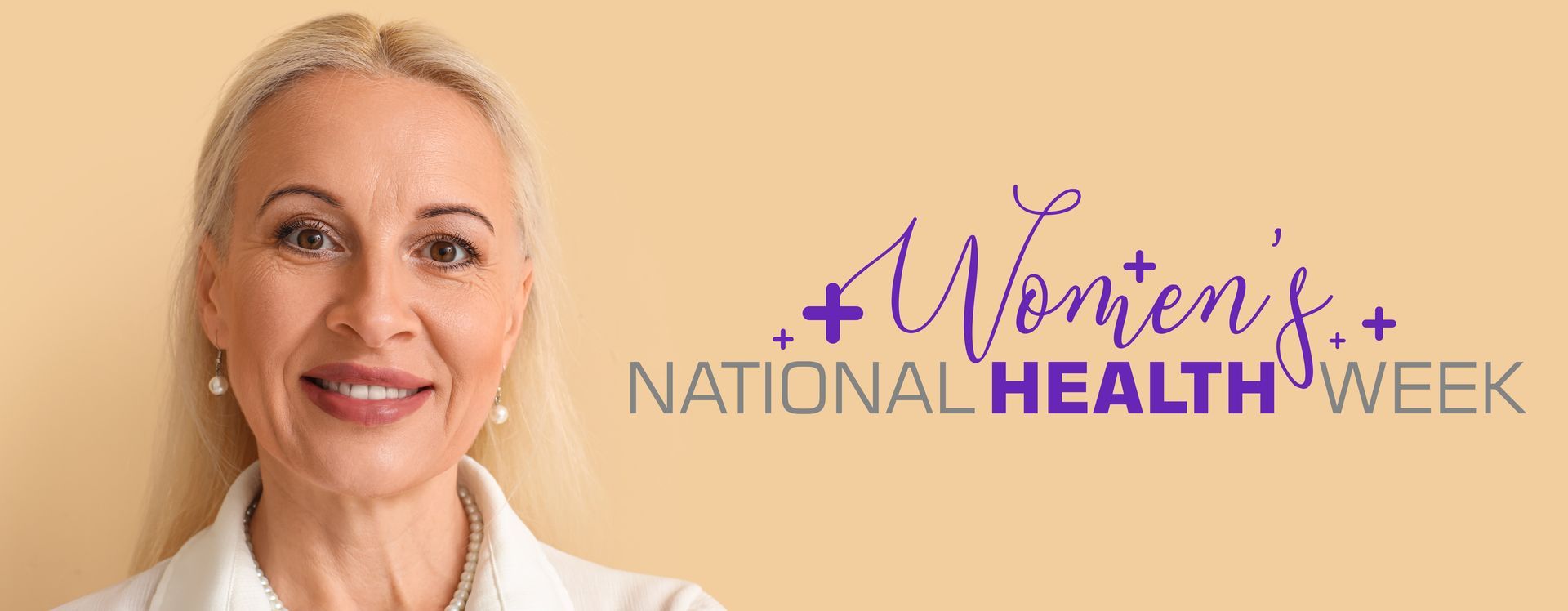 National Women’s Health Week banner with a smiling woman on a peach background