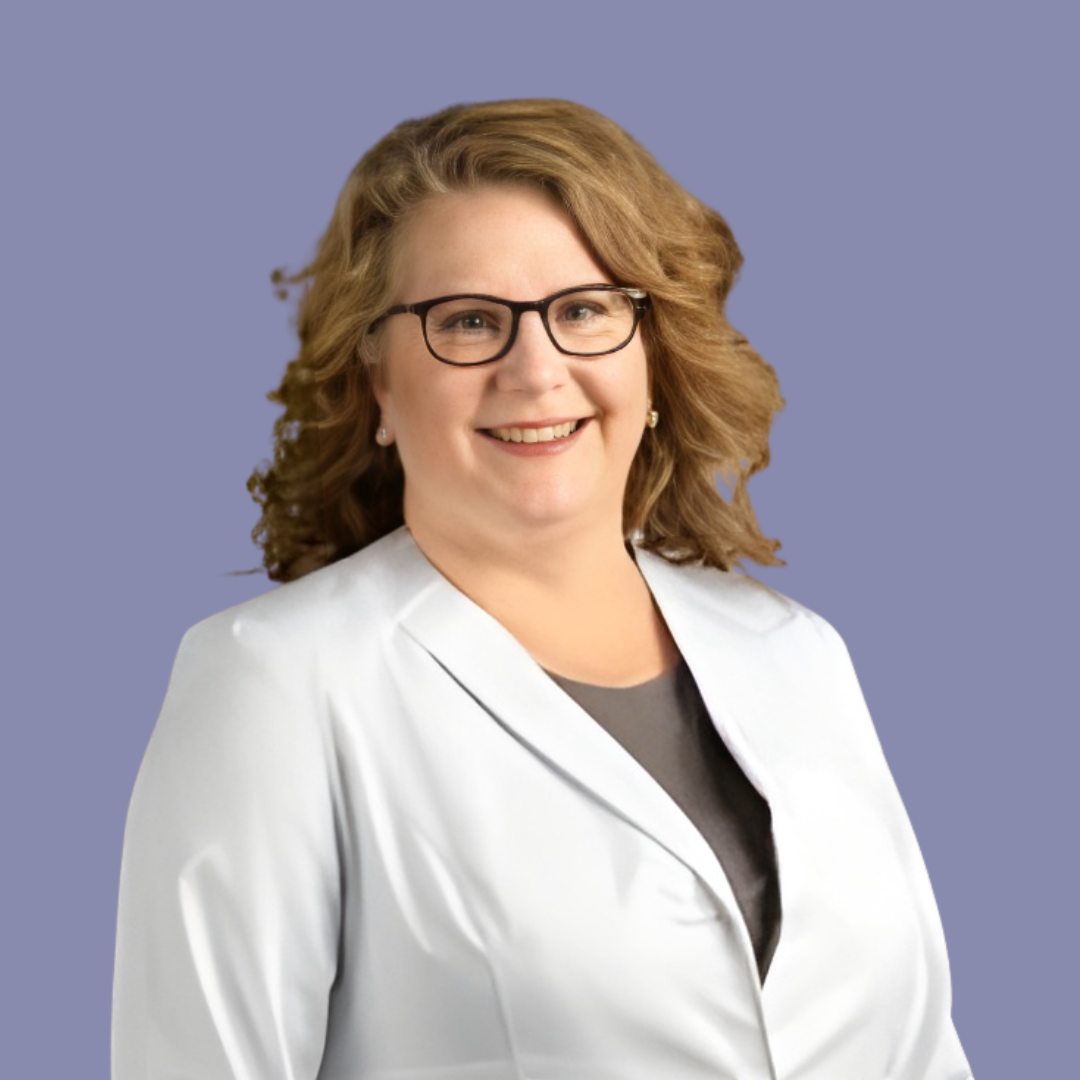 Portrait of a smiling person in a white blazer and glasses against a lavender background