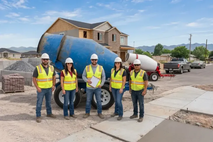 Construction crew posing beside a concrete mixer at a suburban job site