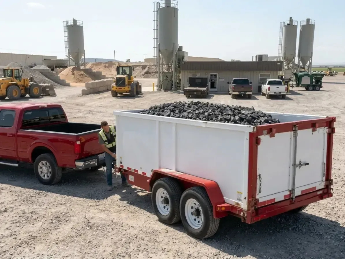 Red truck towing a white Utah Rock trailer at a quarry with heavy equipment and silos.