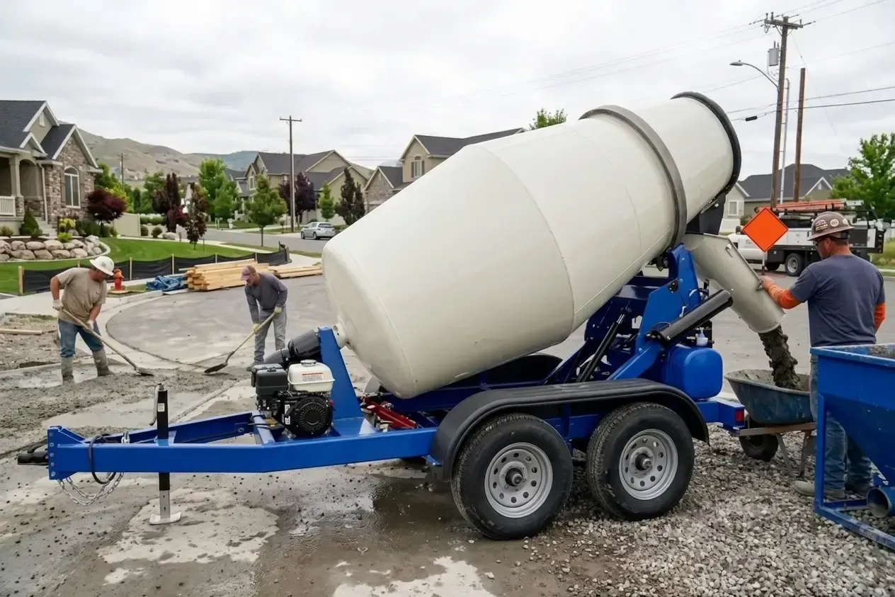 Cement mixer truck pouring concrete at a suburban construction site with workers nearby
