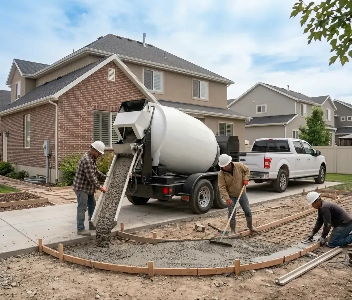 Concrete being poured from a mixer truck into a large pile at a construction site