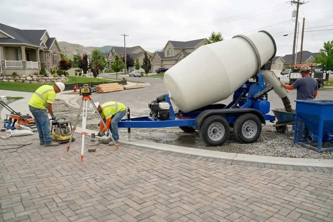 Workers pour concrete from a mixer truck onto a suburban driveway beside a curb and sidewalk