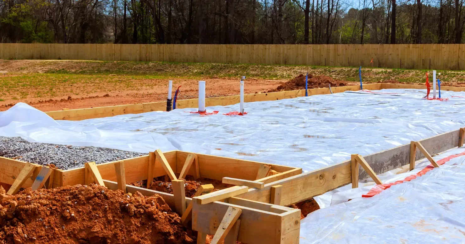 Fresh concrete slab foundation under construction with wooden forms and orange markers on a dirt lot