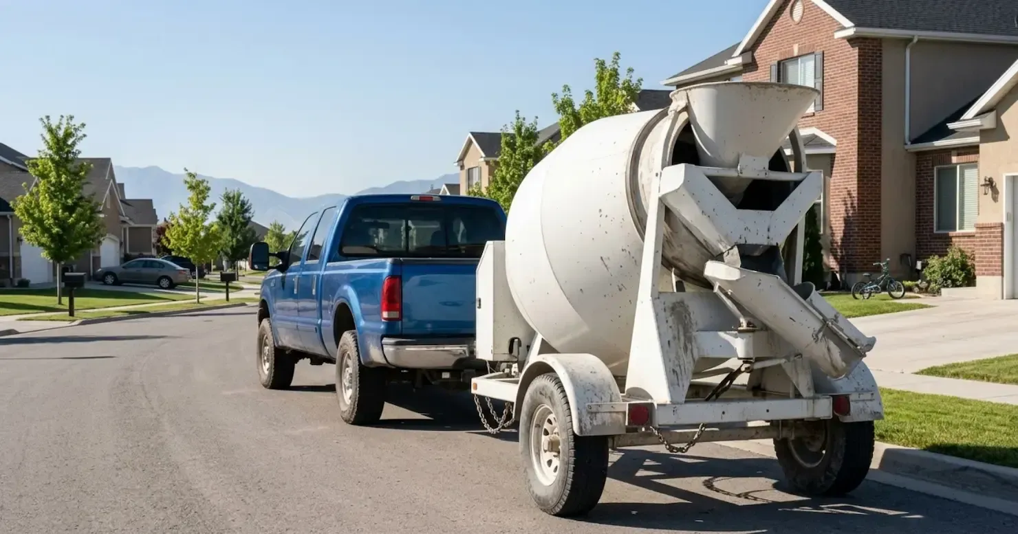 Blue pickup towing a white cement mixer trailer on a suburban street, with houses and mountains in the background