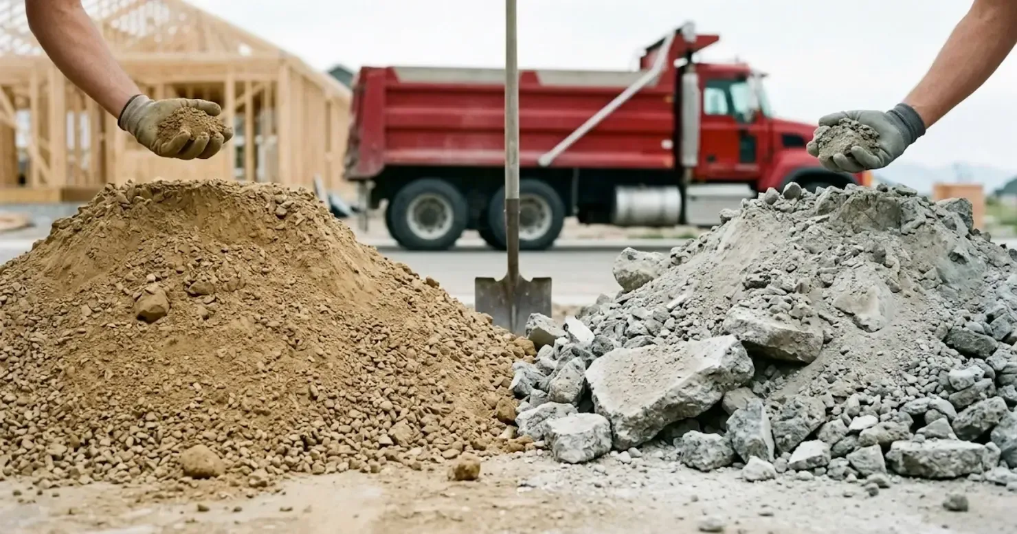 Construction workers dumping sand and gravel into separate piles beside a red dump truck