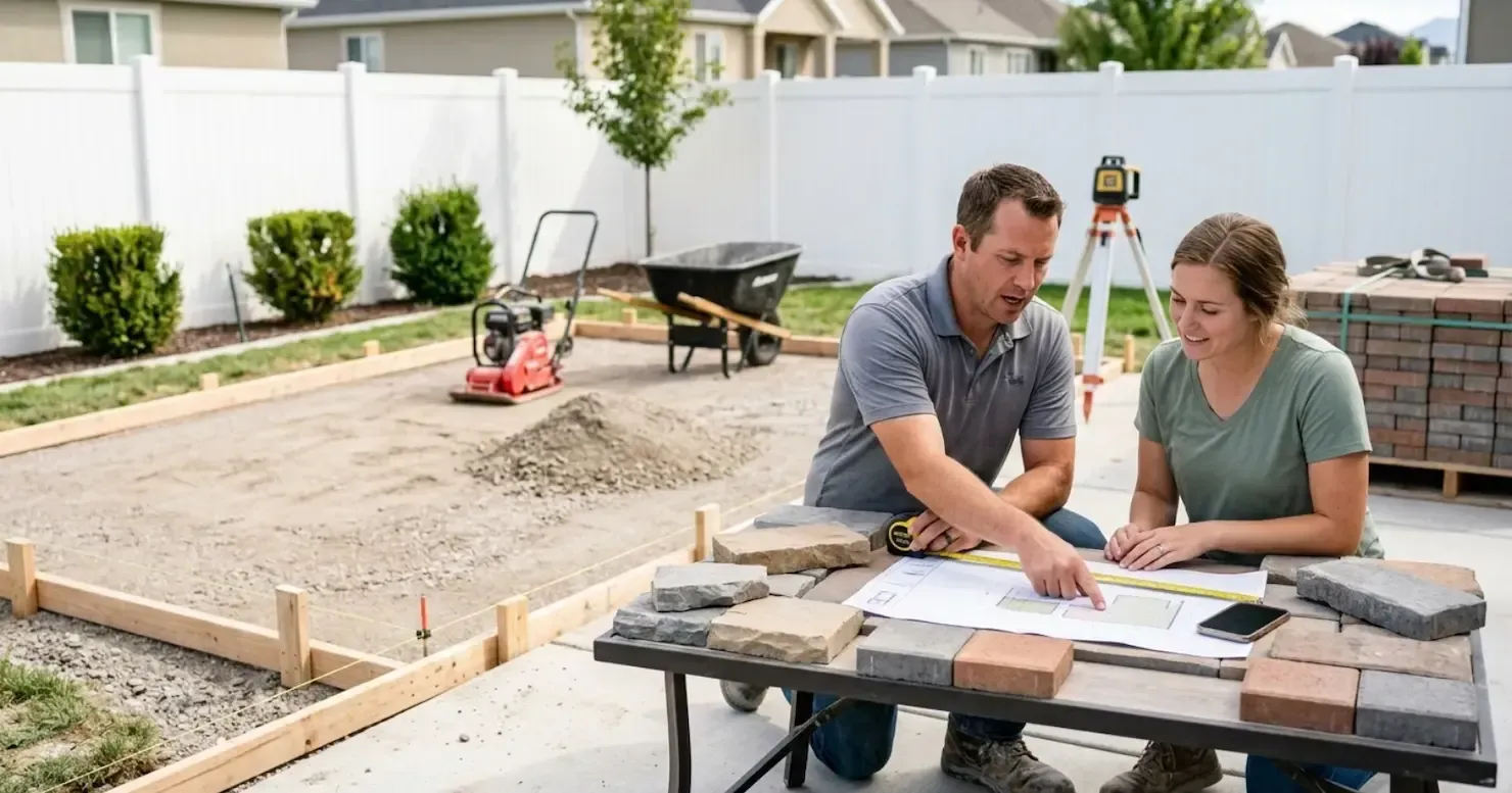 Two people reviewing plans at a patio table in a gravel backyard with landscaping materials and a fenced yard.